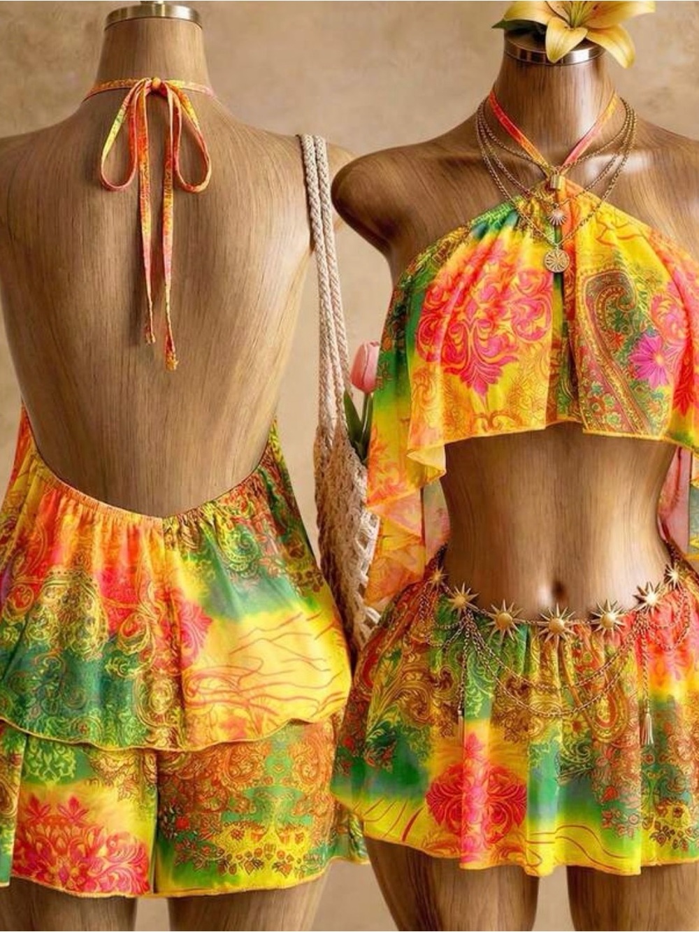 SHEIN Yellow Multi Paisley Halter Swim Coverup Set
